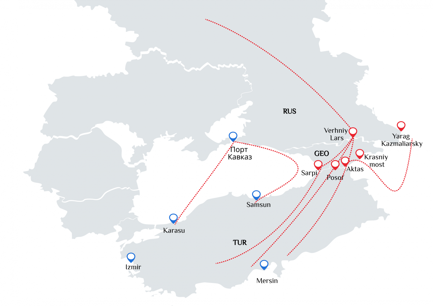 Карта маршрутов грузоперевозок из Турции в Россию