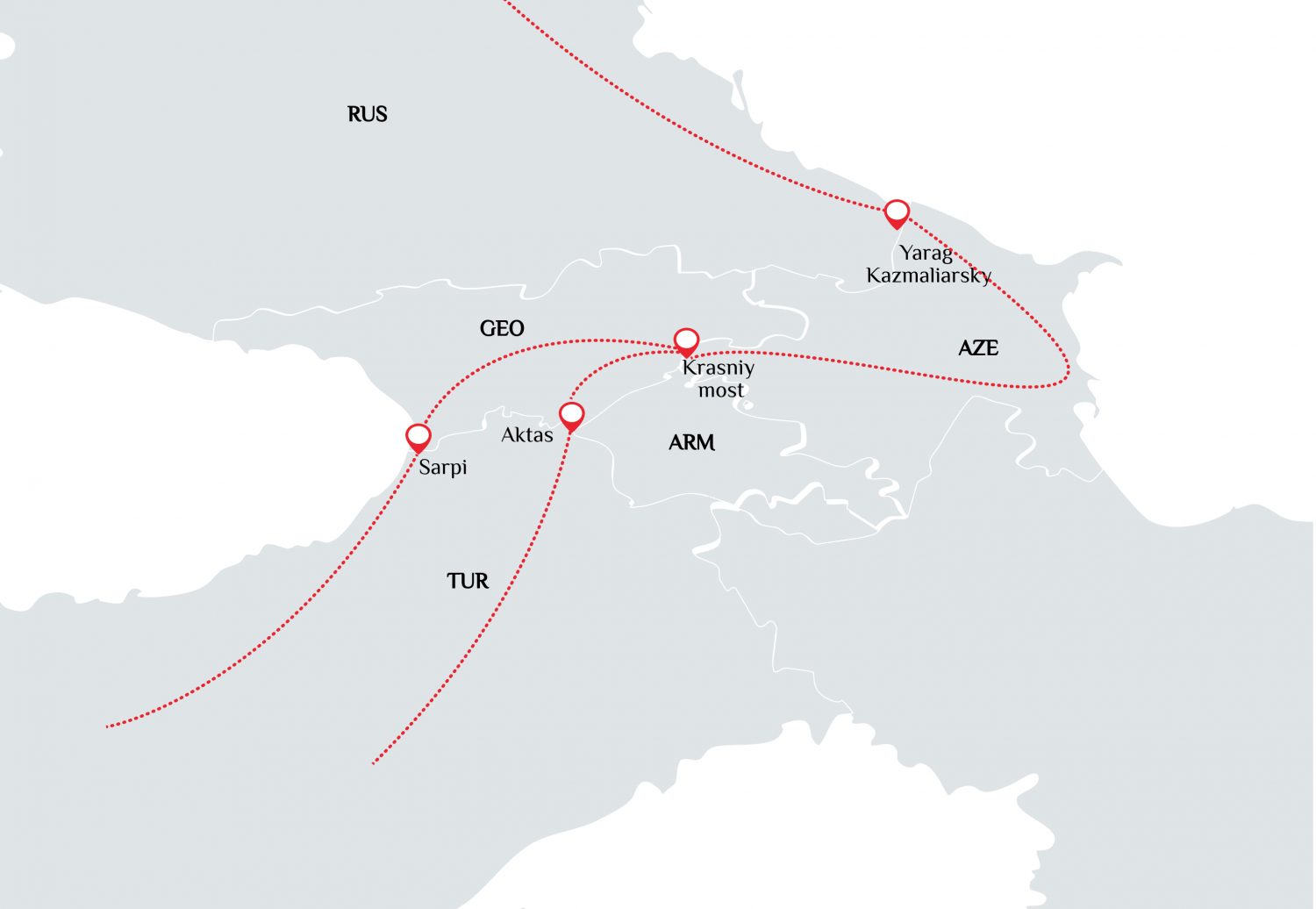 Карта маршрутов грузоперевозок из Турции через Грузию и Азербайджан